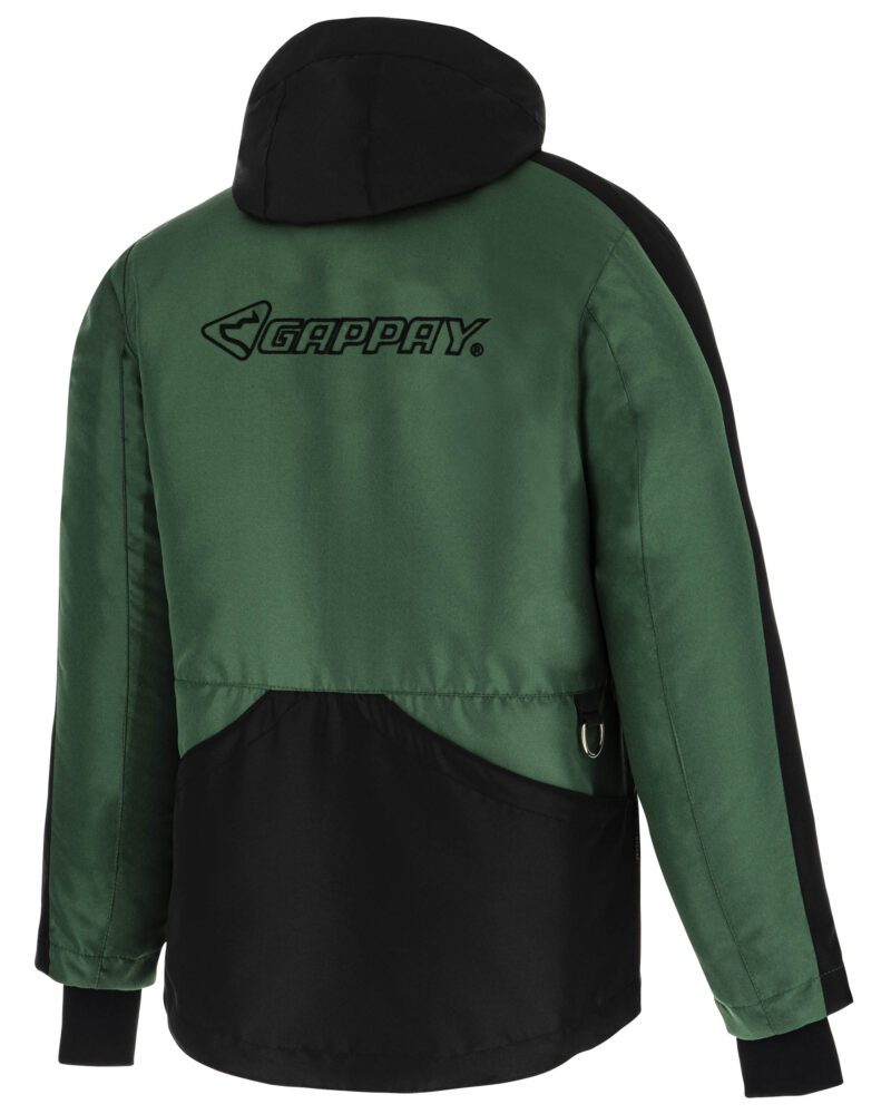 Chaqueta Gappay Modern verde parte trasera, bolsillo trasero grande para guardar tus productos en el entrenamiento canino